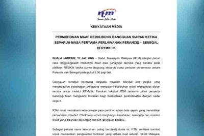 RTM memohon maaf atas gangguan teknikal yang berlaku pada platform RTMKlik ketika siaran langsung separuh masa pertama perlawanan Piala Dunia FIFA 2026 antara Perancis dan Senegal, pada 3 pagi tadi.