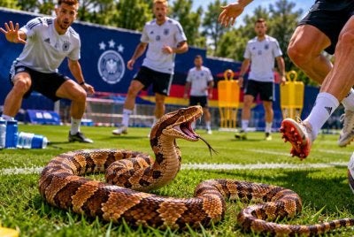 Situasi yang dijana AI memaparkan kehadiran ular di kem latihan skuad Jerman di California Utara. Foto Agensi