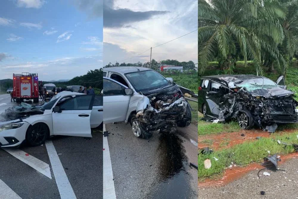 Keadaan kenderaan yang terlibat dalam nahas meragut dua nyawa di Jalan Kuantan-Segamat dekat Pekan pada Jumaat. - Foto JBPM Pahang
