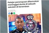 Laporan Sinar Harian berhubung pelajar perempuan ditemukan meninggal dunia di sebuah sekolah di Seremban