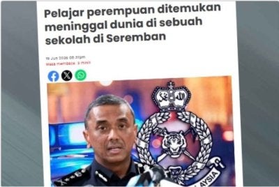 Laporan Sinar Harian berhubung pelajar perempuan ditemukan meninggal dunia di sebuah sekolah di Seremban