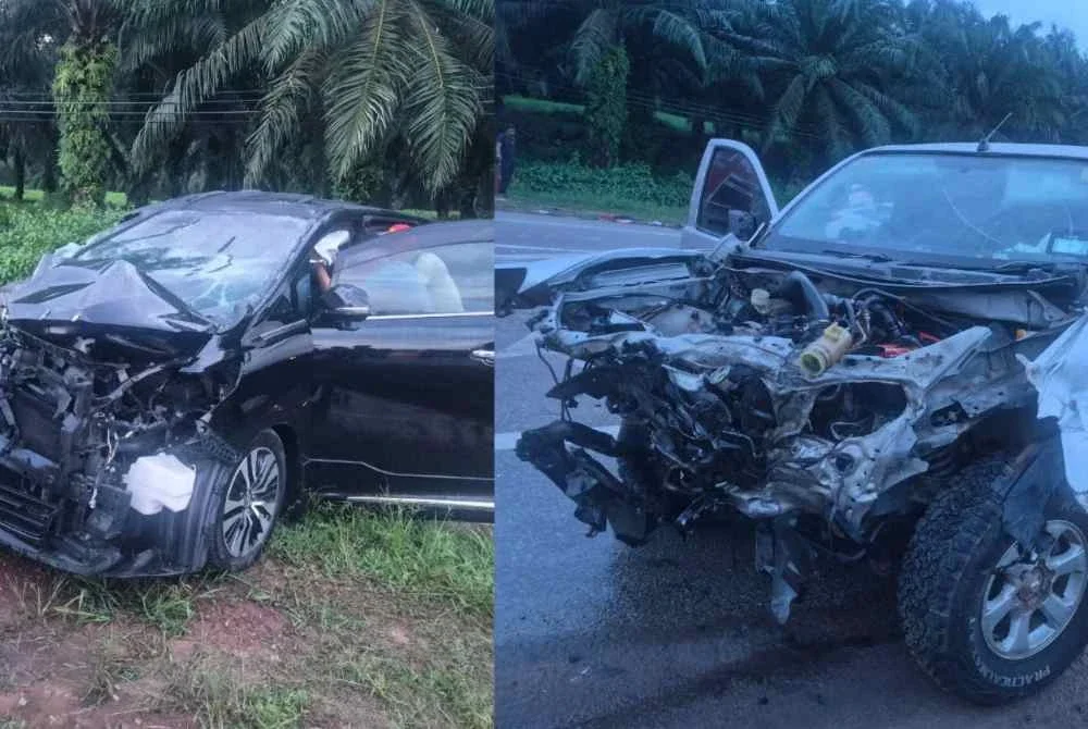 Keadaan Toyota Alphard dan Isuzu D-Max yang terlibat nahas tiga kenderaan di Jalan Kuantan-Segamat, Pekan.