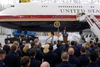 Trump berucap selepas meninjau pesawat Air Force One yang baharu ditetapkan di Joint Base Andrews, Maryland pada Jumaat, 19 Jun 2026. - Gambar AP