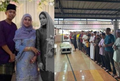 Tunang mangsa, Mohamad Alif Iskandar Azhar, 24, yang juga seorang anggota tentera, mengimamkan solat jenazah bakal isterinya, Dinie Hanis Noor Azlan Efenddy, 23, sebelum dikebumikan di Tanah Perkuburan Islam Kampung Gau Baru pada Sabtu.