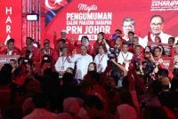 Anwar semasa bergambar kenangan bersama 56 orang calon pilihan raya pada majlis Pengumuman Calon Pakatan Harapan Pilihan Raya Negeri Johor Ke-16 di Bukit Gambir. Foto Bernama