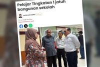 Laporan Sinar Harian mengenai seorang pelajar Tingkatan 1 sebuah sekolah di daerah Kinta parah selepas dipercayai selepas terjatuh dari bangunan sekolah pada Isnin.