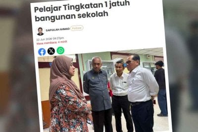 Laporan Sinar Harian mengenai seorang pelajar Tingkatan 1 sebuah sekolah di daerah Kinta parah selepas dipercayai selepas terjatuh dari bangunan sekolah pada Isnin.
