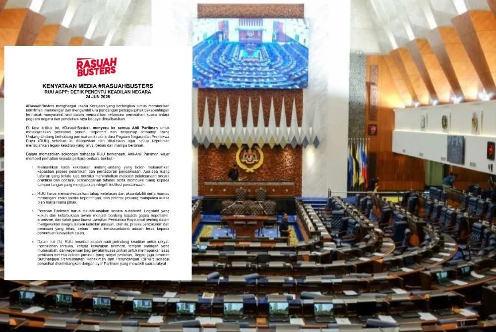 #RasuahBusters menggesa semua ahli Parlimen melaksanakan penelitian penuh, terperinci dan berprinsip terhadap RUU berhubung pemisahan kuasa antara Peguam Negara dengan Pendakwa Raya sebelum dibahaskan serta diluluskan di Dewan Rakyat.