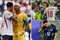 Bellingham (kiri) terlepas kad merah selepas semakan VAR mendapati perbuatannya tidak bersifat provokasi, manakala Almiron menjadi pemain pertama dibuang padang akibat melakukan tindakan sama minggu lalu. Foto Agensi