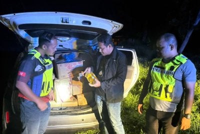 Tindakan seorang lelaki melarikan diri ke dalam semak selepas kenderaannya dikejar hampir 10km oleh pasukan penguat kuasa membawa kepada penemuan 1.36 tan minyak masak bersubsidi yang dipercayai cuba diseleweng di Kampung Kubang Panjang, Lemal, Pasir Mas pada Rabu. Foto: KPDN