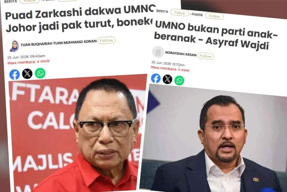 Laporan Sinar Harian mengenai pengumuman Puad Zarkashi keluar UMNO dan kenyataan Asyraf Wajdi.