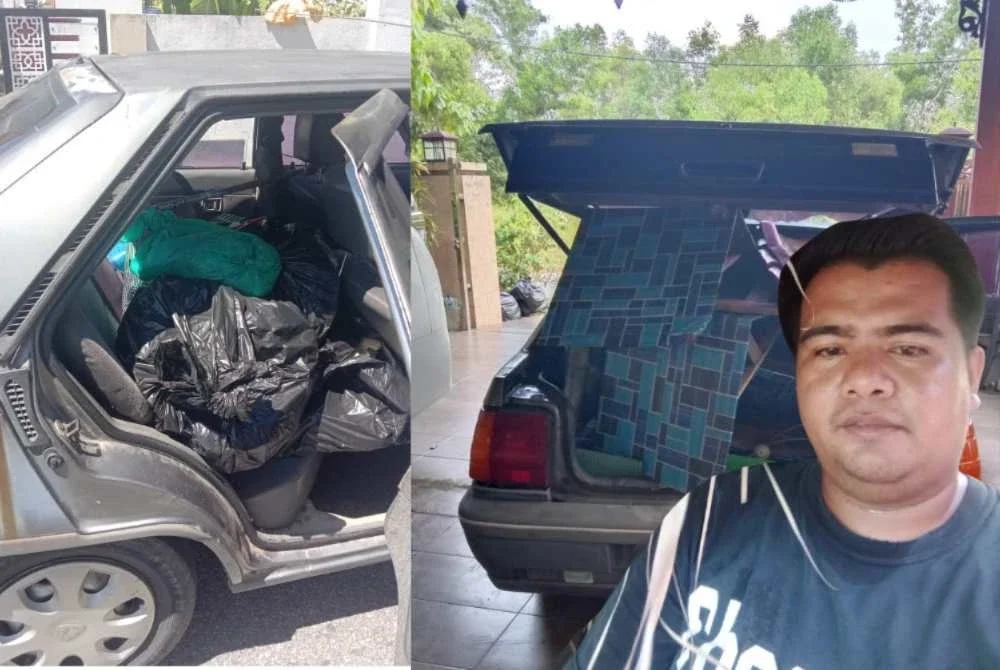 Muhamad Firdaus menggunakan kereta milik ibunya untuk mengangkut sampah dari rumah ke tong sampah besar sebagai sumber pendapatan.