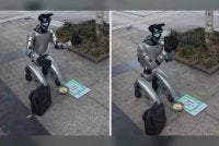 Sebuah robot yang melutut di tepi jalan di wilayah Sichuan, China dan di sisinya diletakkan sebuah pinggan kecil untuk sumbangan tunai serta kod QR bagi pembayaran digital. Foto Agensi