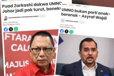 Laporan Sinar Harian mengenai pengumuman Puad Zarkashi keluar UMNO dan kenyataan Asyraf Wajdi.