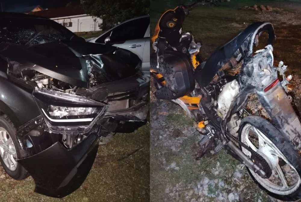 Keadaan Perodua Axia dan motosikal yang terlibat kemalangan dalam kejadian sekitar Jalan Kota Bharu–Kuala Terengganu berhampiran Kampung Bukit Kenak, Besut pada Jumaat.