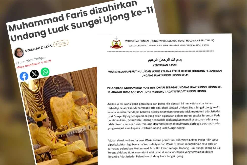 Kenyataan media waris Klana Perut Hulu dan Perut Hilir membantah pelantikan Muhammad Faris sebagai Undang Luak Sungei Ujong ke-11.
