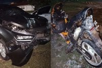 Keadaan Perodua Axia dan motosikal yang terlibat kemalangan dalam kejadian sekitar Jalan Kota Bharu–Kuala Terengganu berhampiran Kampung Bukit Kenak, Besut pada Jumaat.