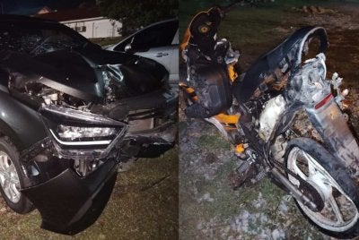 Keadaan Perodua Axia dan motosikal yang terlibat kemalangan dalam kejadian sekitar Jalan Kota Bharu–Kuala Terengganu berhampiran Kampung Bukit Kenak, Besut pada Jumaat.
