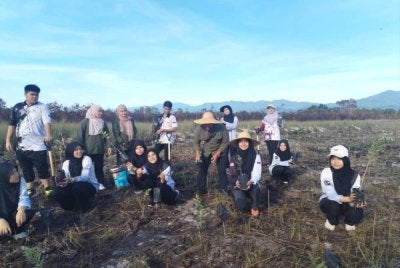 Antara peserta yang terlibat menanam pokok gelam di kawasan seluas 0.81 hektar di Tasik Berombak, Kampung Saujana pada Jumaat.