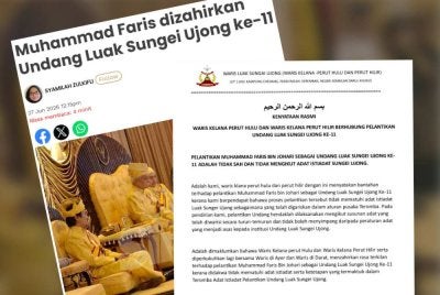 Kenyataan media waris Klana Perut Hulu dan Perut Hilir membantah pelantikan Muhammad Faris sebagai Undang Luak Sungei Ujong ke-11.