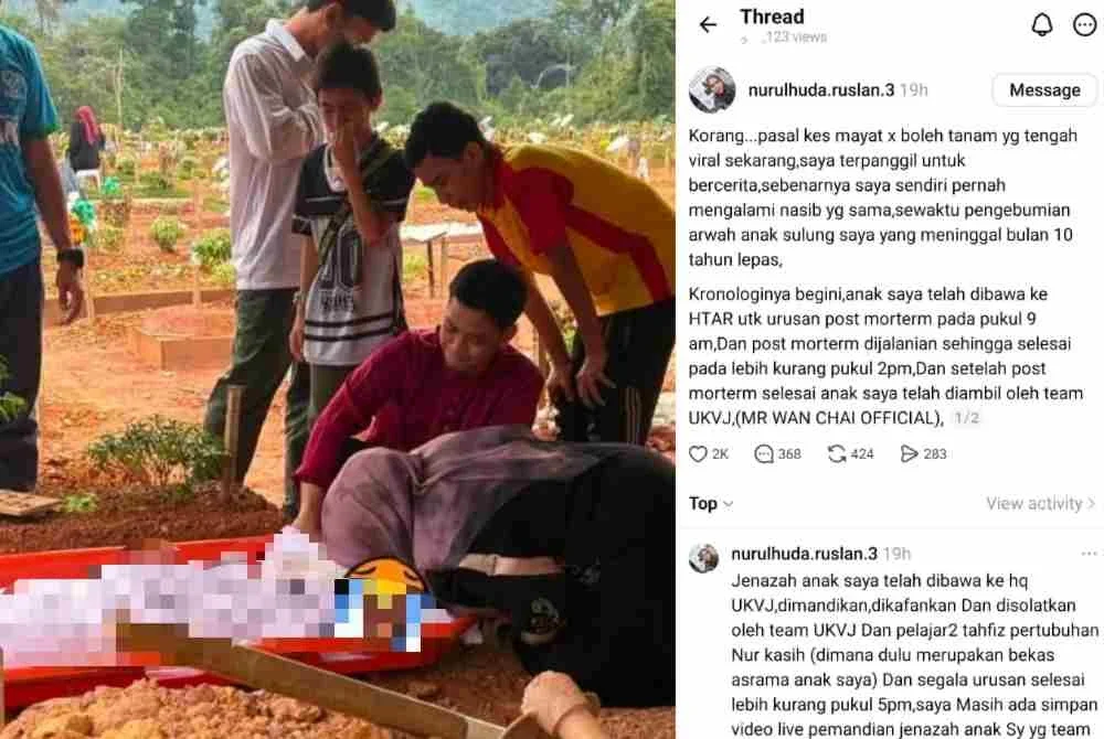 Perkongsian Nurul Huda di Threads mengenai pengalaman proses pengebumian anaknya.