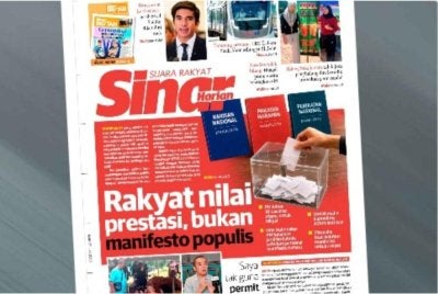 Laporan muka depan Sinar Harian pada Isnin.