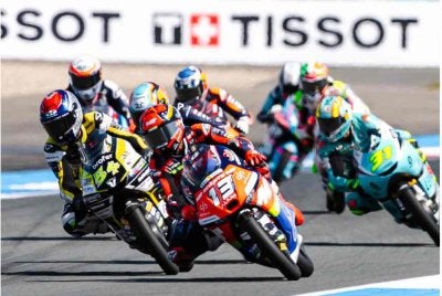 Hakim Danish bersaing dalam kelompok hadapan selepas memulakan perlumbaan dari petak ke-16 sebelum masalah cengkaman tayar memusnahkan harapannya untuk meraih podium di GP Belanda. Foto: FB Hakim Danish