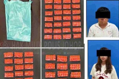 Pasangan suami isteri ditahan bersama pelbagai jenis dadah bernilai RM3.59 juta. Foto ihsan Polis Johor 