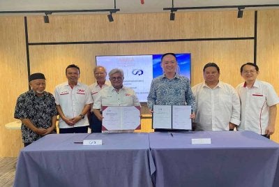 Nik Izani (empat,kiri) pada Majlis menandatangani MoU antara COOP OKB dengan Malvest Group di Kota Bharu pada Isnin.