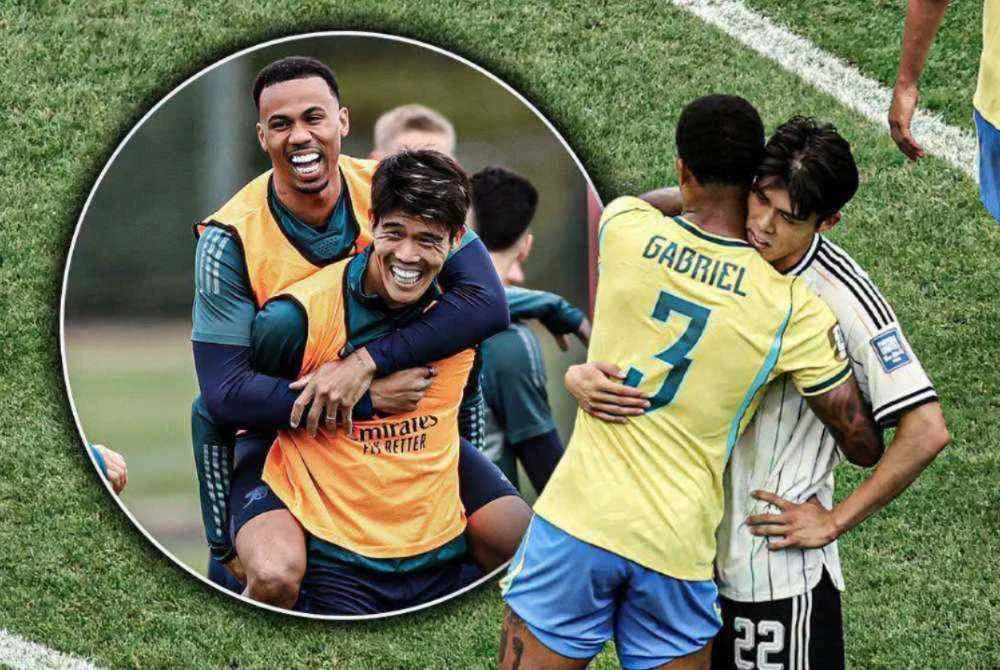 Gabriel dan Tomiyasu yang pernah berkongsi bilik persalinan di Arsenal dilihat berpelukan sebelum masing-masing menuju ke bilik persalinan pasukan. Foto Agensi