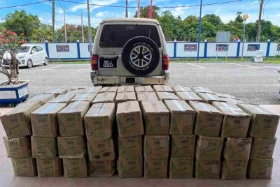 Seorang warga emas dicekup bersama 1.53 tan metrik minyak masak di sebuah pangkalan haram di Jeram Perdah, Rantau Panjang pada Selasa. Foto: PGA