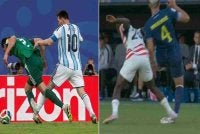 Dua insiden sama tetapi Messi terlepas daripada dikenakan kad merah, manakala Balogun pula dibuang padang. Foto: Agensi 