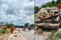 Keadaan trak pikap yang mengakibatkan 8 sami Buddha terkorban manakala 13 lagi cedera parah selepas sebuah trak pikap merempuh kumpulan sami yang sedang menjalankan perarakan ziarah - Foto: The Thaiger.