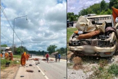 Keadaan trak pikap yang mengakibatkan 8 sami Buddha terkorban manakala 13 lagi cedera parah selepas sebuah trak pikap merempuh kumpulan sami yang sedang menjalankan perarakan ziarah - Foto: The Thaiger.