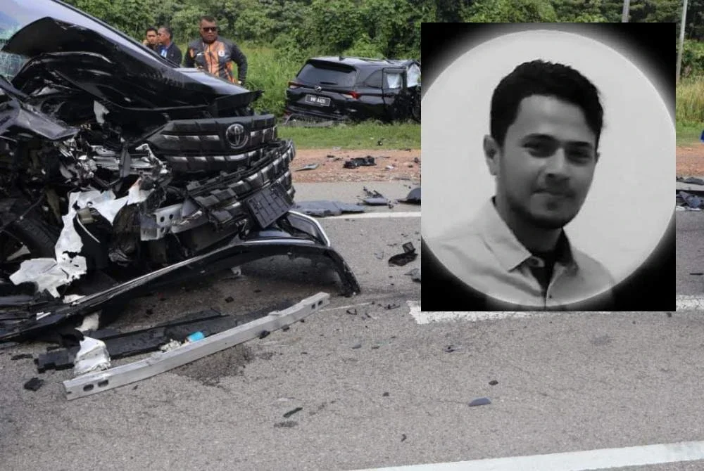 Keadaan sebuah Toyota Alphard (hadapan) dan Perodua Alza yang rosak teruk selepas terlibat dalam kemalangan maut di Kilometer 18, Jalan Temerloh-Bahau, Bera pada Jumaat. Gambar kecil mangsa: Mohamed Sharif