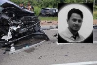 Keadaan sebuah Toyota Alphard (hadapan) dan Perodua Alza yang rosak teruk selepas terlibat dalam kemalangan maut di Kilometer 18, Jalan Temerloh-Bahau, Bera pada Jumaat. Gambar kecil mangsa: Mohamed Sharif
