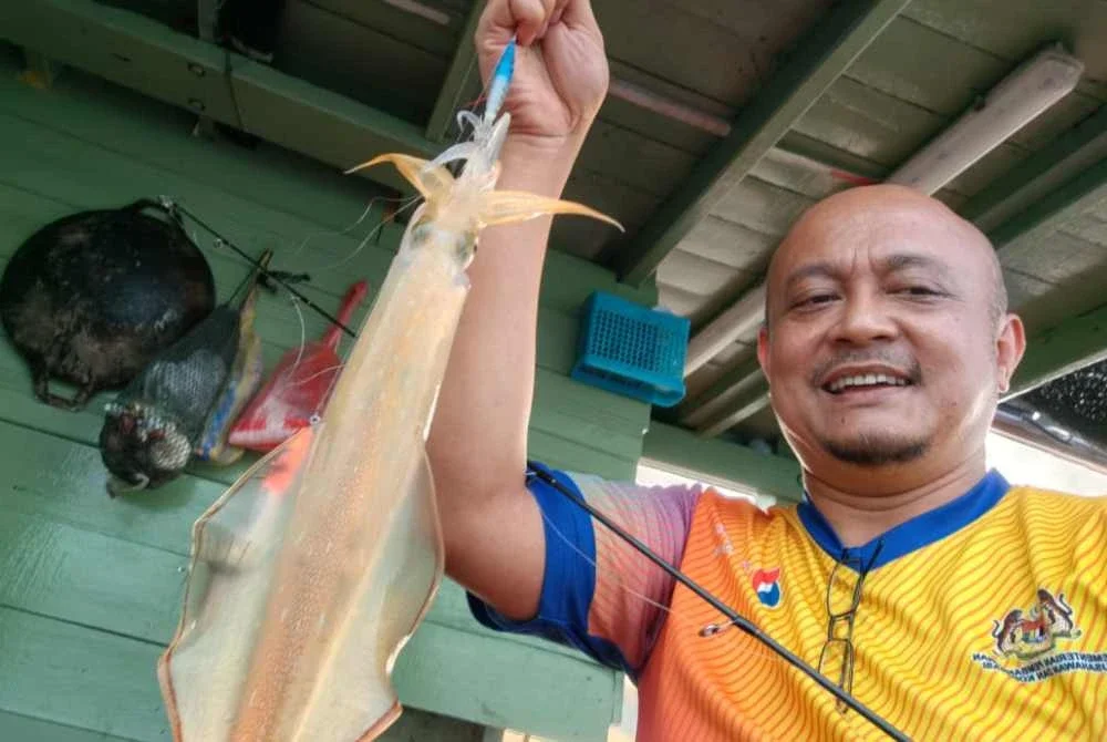 Rozairy menunjukkan sotong torok yang berjaya dijinakkan.
