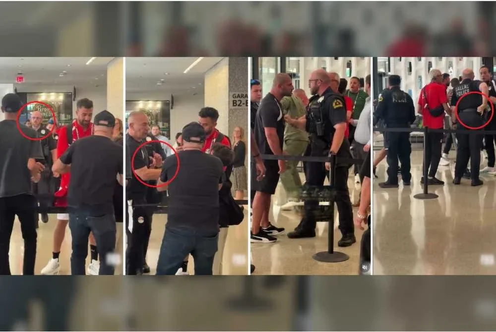Kombinasi gambar menunjukkan seorang pegawai polis Dallas bertindak biadab terhadap delegasi pasukan Mesir. Foto Agensi