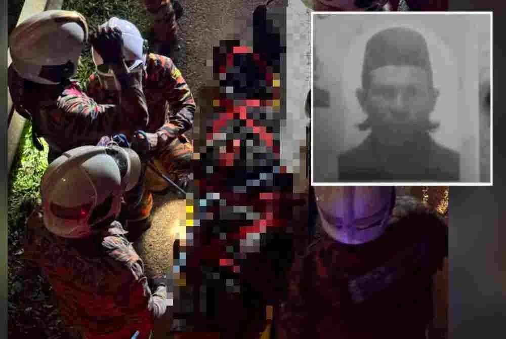 Pasukan bomba membantu membawa naik mangsa menggunakan pengusung. Gambar kecil: Zahidan Foto Bomba Pahang