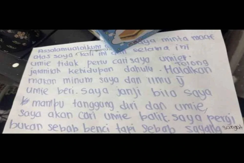 Mangsa juga sempat meninggalkan sekeping nota dengan permohonan maaf kepada ibunya serta meminta menghalalkan makan minum dan ilmu yang diberi.