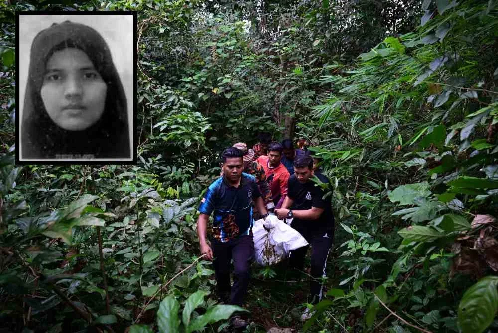 Pasukan penyelamat mengusung mayat seorang wanita yang terjatuh dari jambatan Sungai Paka di Jalan Jabor-Paka berhampiran Bandar Al Muktafi Billah Shah semalam setelah ditemukan lemas pagi ini. Foto Bernama Gambar kecil: Nor Haslini)