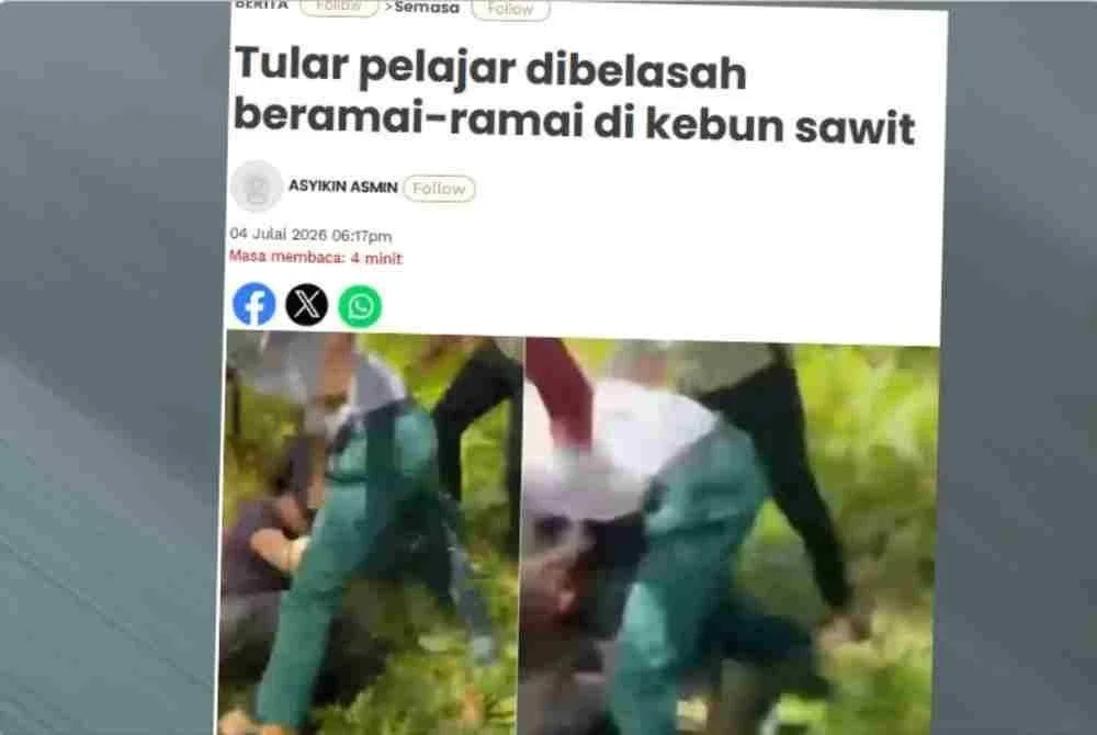 Laporan Sinar Harian pada Sabtu mengenai tular pelajar dibelasah beramai-ramai di kebun sawit.