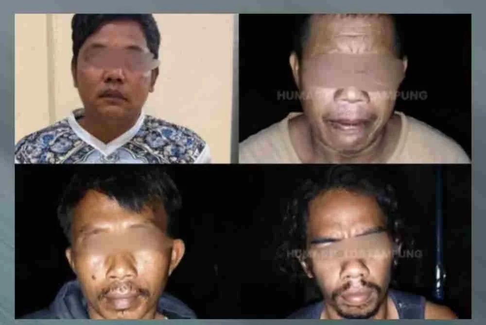 Empat suspek yang ditahan pihak berkuasa keranan disyaki terbabit dalam pemburuan dan pembunuhan seekor tapir. Foto Polis Lampung