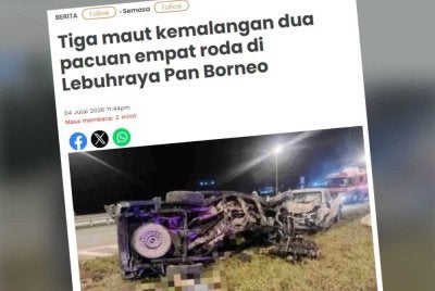 Tiga lelaki maut manakala seorang lagi cedera ringan dalam nahas membabitkan dua kenderaan pacuan empat roda di pusingan ‘P’ Lebuhraya Pan Borneo Sarikei-Sibu malam Sabtu.