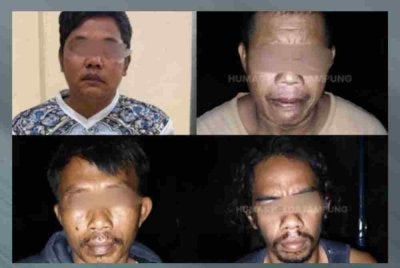 Empat suspek yang ditahan pihak berkuasa keranan disyaki terbabit dalam pemburuan dan pembunuhan seekor tapir. Foto Polis Lampung