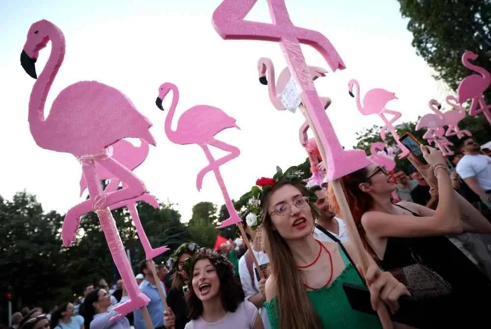 Penunjuk perasaan mengangkat replika burung flamingo ketika demonstrasi berlangsung. Foto AFP