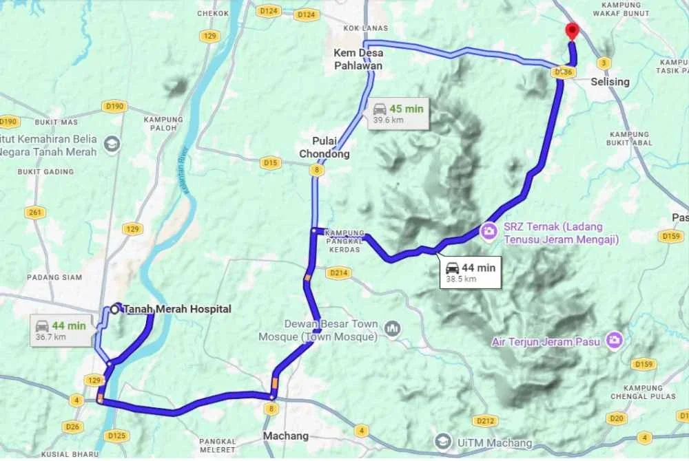 Jarak kira-kira 39 kilometer antara Hospital Tanah Merah dengan lokasi bayi ditemui di Selising.