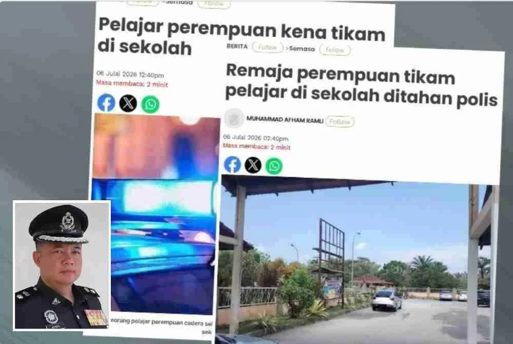 Laporan Sinar Harian mengenai pelajar perempuan kena tikam di sekolah. Gambar kecil: Mohd Akmalrizal