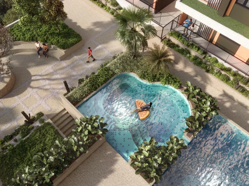 Ilustrasi artis Wellness Jacuzzi yang direka sebagai ruang terapi dan kesejahteraan dikelilingi landskap hijau.