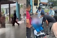 Tangkap layar video tular memaparkan seorang wanita berpakaian serba hitam sedang memegang sebilah pisau dan berlegar dalam kawasan sekolah. Gambar kanan: Mangsa yang dilaporkan cedera ditikam suspek.